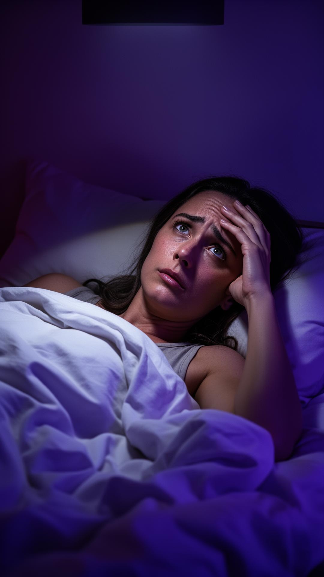 A woman lying awake at night